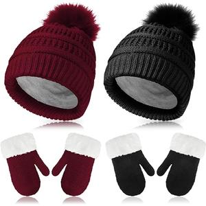 2 Sets Toddler Hats and Gloves Fleece Lined Beanie Babies Girl Toddler Beanie Boy Hat with Winter Warm Mittens Thick (Wine Red and Black,1-3 years)