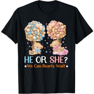 He or She We Can Bearly Wait Bears Balloons Gender Reveal T-Shirt (2 Medium, 1 Large)