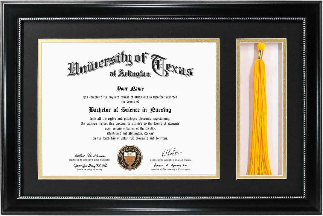 GraduationMall 11x17 Black Diploma Frame with Tassel Holder for 8.5x11 Certificate Document,Real Glass, Black over Gold Mat