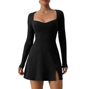 QINSEN Long Sleeve Dress for Women Sexy Sweetheart High Waist Flare Mini Dress Clubwear Black M