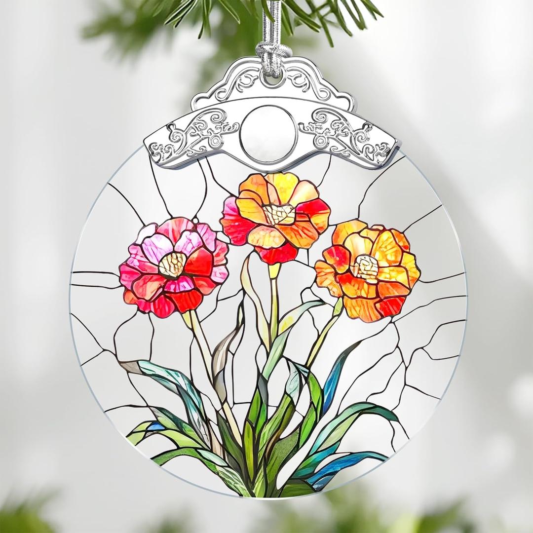 2 x Christmas Ornaments: Stained Glass-Style January Birth Flower Ornament  Christmas Tree Decorations, Holiday Party Gifts, Mother's Day & Birthday Gifts for Women, Mom & Grandma | Birth Flower Gift (December)