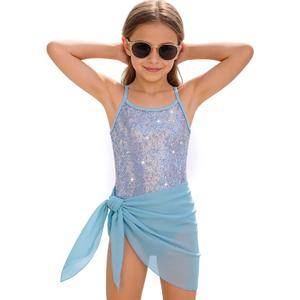 Girls One Piece Swimsuit Cute Swimsuit Girl Sparkle Swimwear Beach Bathing Suit Cover Up Skirt Adjustable Strap 5-6
