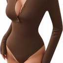 MANGOPOP Henley Bodysuit for Women Button Down Long Sleeve Tops Body Suits Dressy Blouse Casual (Brown, XL)