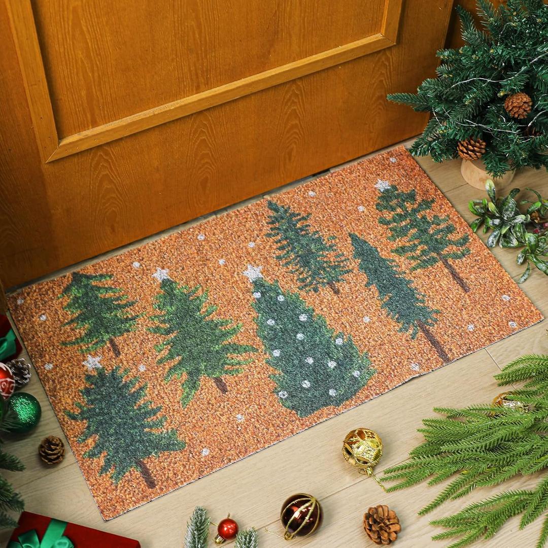 Dunzy Christmas Snowy Forest Doormat Outdoor Green Christmas Tree Imitation Coir Welcome Doormats Xmas Winter Front Door Non-Slip Mat Rugs Decor for Indoor Outdoor Home Entrance Porch