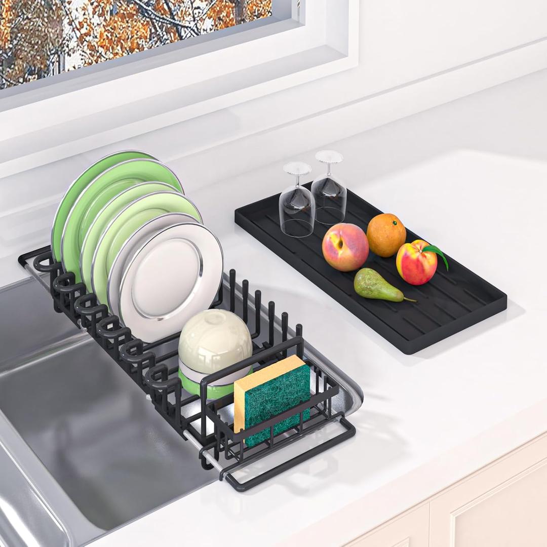 in Sink Dish Drying Rack, Expandable Dishes Racks for Kitchen Sink with Silicone Mat, Black