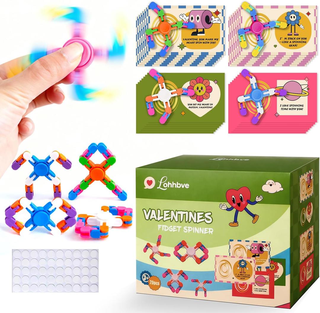 2 x 28 Packs Party Favors Valentines Day Gifts for Kids Classroom Transformable Fidget Spinners Chains with 28 Cards, Stress Relief Sensory Toys, Fingertip Gyros with Greeting Cards