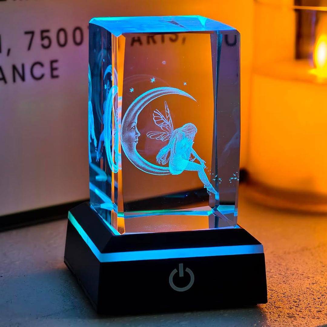 Crystal 3D Fairy with Moon Girls' Gifts, Engraved Moon Fairy Figurine on Colorful LED Stand, Women's Home Decor Paperweight & 3D Crystal Night Light (2.4in/6cm Cube)