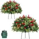 TOWPONICS Set of 2 Outdoor Christmas Trees Urn Filler, 18in Prelit Battery Operated Artificial Small Xmas Tree Holiday Dcor with 50 LED Lights, Red Berries, Pine Cones, Tripod Stake, 8 Modes & Timer