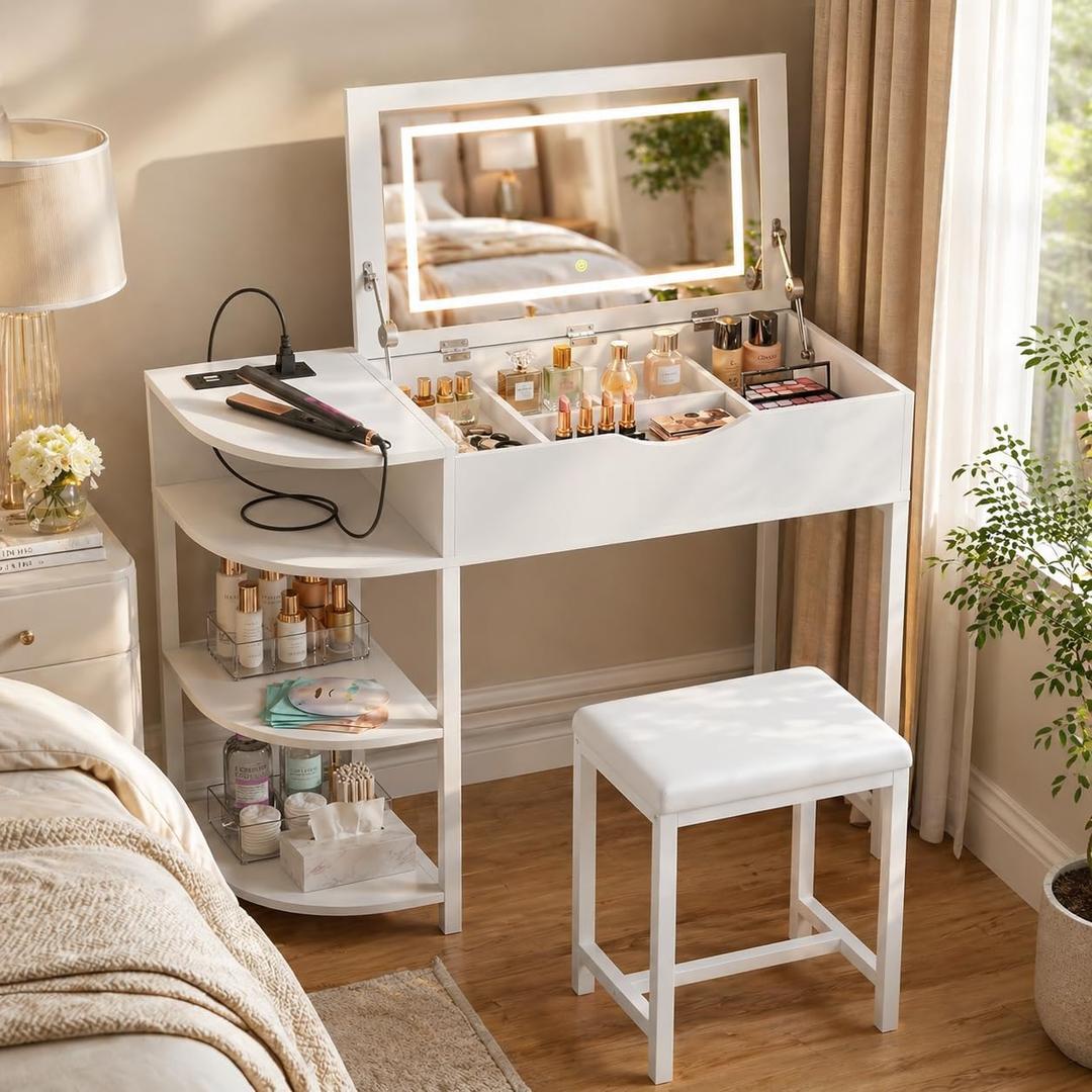 Cyclysio Vanity Desk with Flip Top Mirror and Lights, White, 37.6"