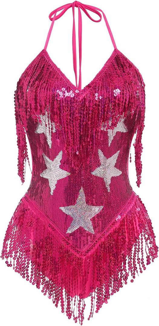 Women Music Festival Rave Fringe Trim Sleeveless Sequins Tassel Bodysuit Country Concert Nightclub Halloween Costume (Large, #Rose Red)