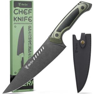 8 Inch Professional Chef Knife with Leather Sheath, Ultra Sharp Kitchen Knife with G10 Handle,Full Tang, Gyuto Style for Home Cooking and Outdoor BBQ, Knives for Men Him Husband