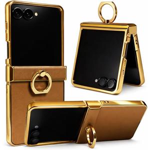 Genuine Leather Case for Samsung Galaxy Z Flip, Military-Grade Drop Protection, Hinge Protection Cover with Ring Kickstand, Gold Trim (Brown, Z Flip7)