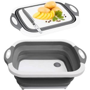 SSKT 3-in-1 Collapsible Cutting Board Multifunctional Kitchen Sink Tub Basin with Drain, Chopping Board & Washing up Bowl Space-Saving & Portable for Kitchen, Camping, RV, & Outdoor Use (Grey)