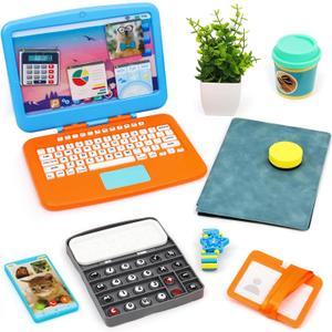 XIAPIA 10 Pcs Pretend Play Home Office Toys, Pretend Play for Toddlers 3-5-7, Pretend Play Sets with Kids Laptop, Pop-Up Calculator, Notebook, Watch, Coffee & Plant, Birthday Gift for 3 4 5 6 7 Year, child-size