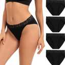 INNERSY Women's Cotton Bikini Underwear High Cut Lace Hipster Panties 4-Pack (Medium, Black)