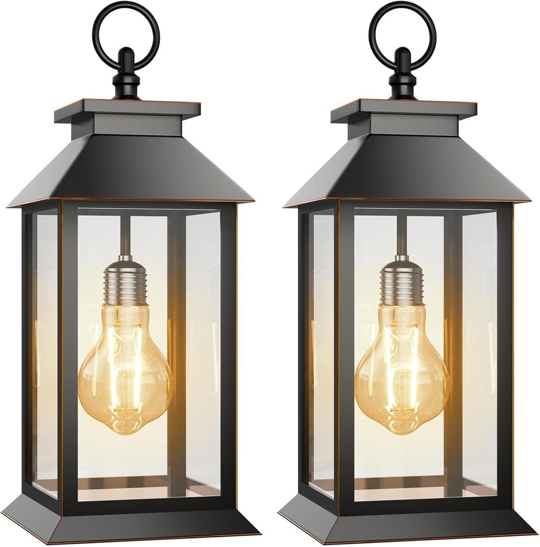 2 Pack Solar Lanterns Outdoor, Hanging Glass Solar Lights Waterproof, Dual Power Solar & 2*AA Battery, for Porch, Patio, Yard and Indoor Table or Mantel