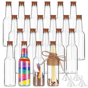 Tanlade 20 Pcs 5.6oz Plastic Sand Art Bottles with Cork Stoppers Wish Message Bottle Containers Clear Potion Bottles with Plastic Funnels for DIY Craft Wedding Birthday Party
