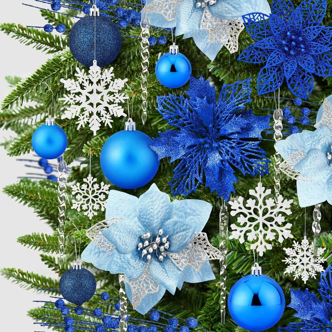 92pcs Christmas Tree Decoration Set, Christmas Ball Ornaments Bulk, Artificial Glitter Poinsettia Flowers, Hanging Crystal Snowflake Drop, Xmas Flowers for Holiday Wedding New Year Party Decor (Blue)
