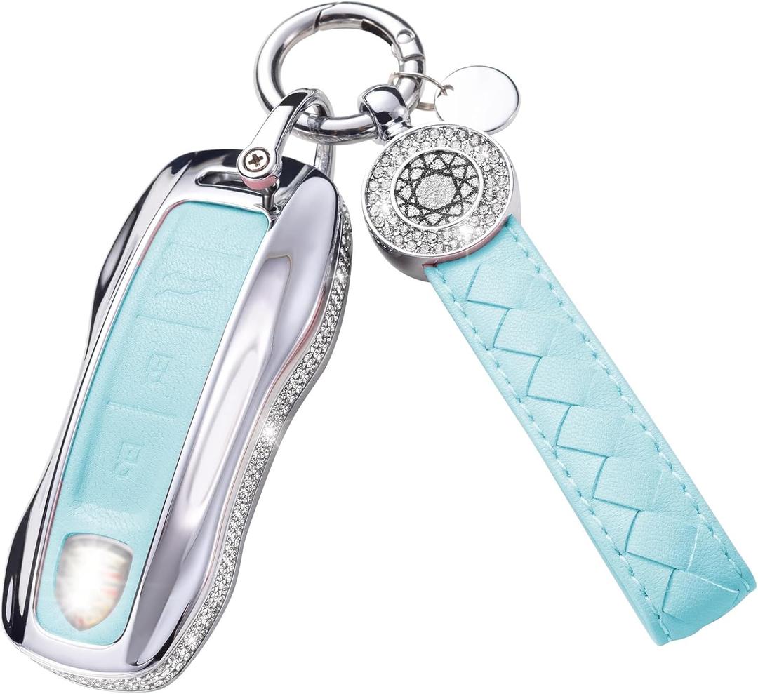 for Porsche Key Fob Cover with Keychain, Blue Leather Rhinestone Key Case Protection Shell Compatible with Cayenne 911 Taycan Panamera Remote Key Bling Car Accessories