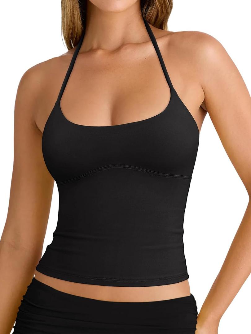 REORIA Women's Sexy Halter Backless Double Lined Tank Top Y2k Trendy Camisole Crop Tops (Black, L)
