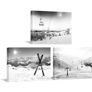 Biuteawal 3 Piece Ski Canvas Wall Art Black White Ski Lift Pictures Snowboards at Sunshine Painting Snowy Winter Mountain Landscape Photo Artwork Home Living Room Bedroom Decor Framed Ready to Hang