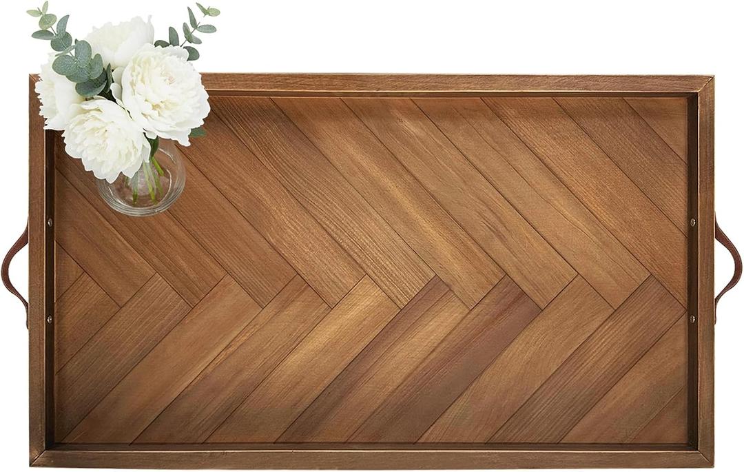Extra Large Ottoman Tray Rectangle, 32.5"x18.5" Wooden Ottoman Trays with Leather Handles, Rustic Decorative Storage Tray for Ottoman
