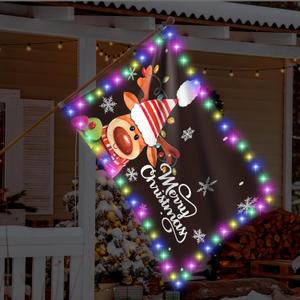 Ganeen Merry Christmas Flag with LED Light 35 x 59 Inch Double Sided Xmas Garden Flag Winter Elk Snowflake Yard Flags Holiday Tree Banner for Home Farmhouse Outdoor Holiday Decoration