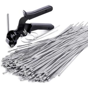 Stainless Steel Cable Tie Gun, Special Tool For Fastening And Cutting Metal Zip Ties, With 150pcs 11.8in Uv Resistant Heavy Duty Cable Ties For Fence Exhaust Pipe Outdoor.
