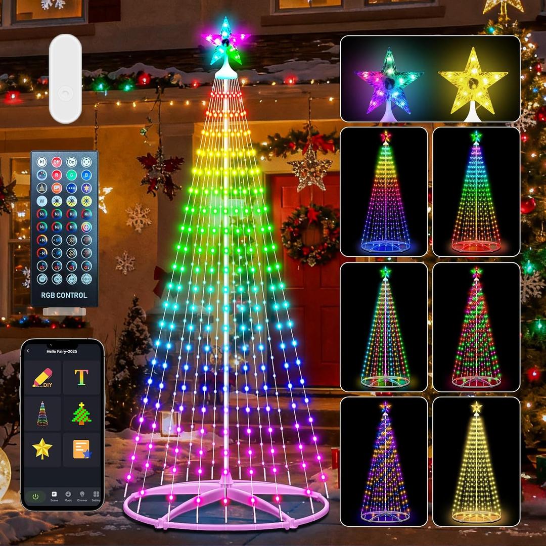 Forlivese 7.48FT Smart Christmas Cone Tree LED Light Outdoor, Dimmable Artificial Christmas Tree Lights with App Control, Music Sync, Timer, DIY Waterproof Xmas LightShow for Outdoor Yard Decorations