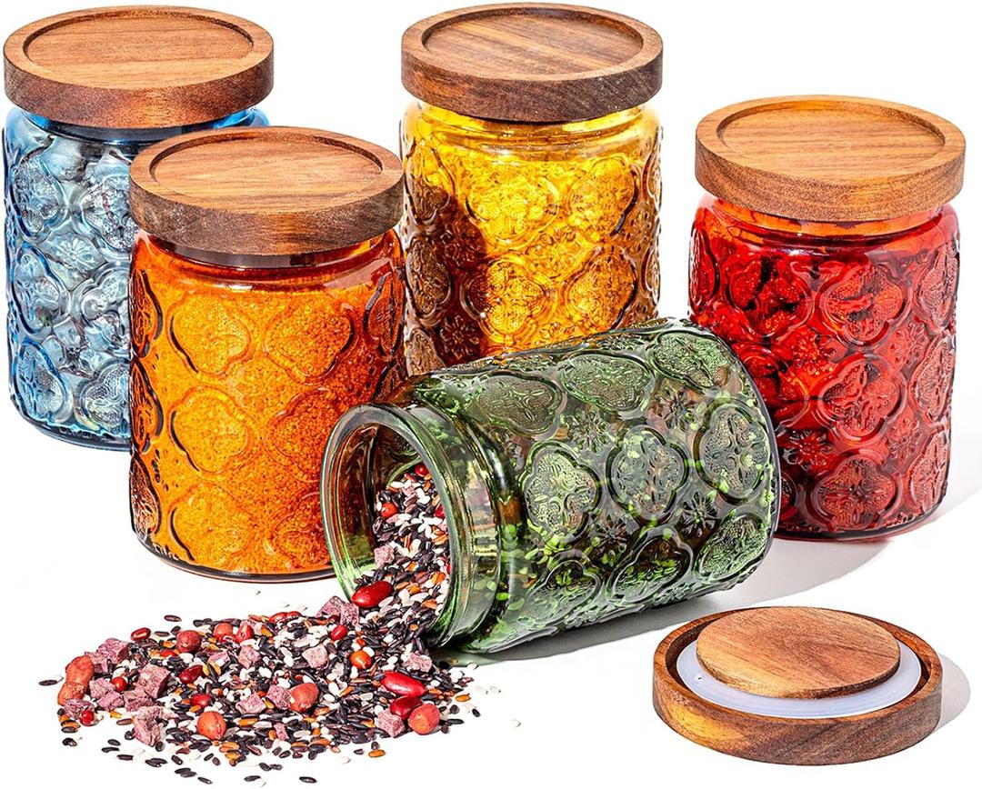 Outus 5 Pcs 23.7oz Vintage Glass Jar with Lids Colored Glass Canisters Jars with Airtight Wooden Lids for Kitchen Counter Flour Sugar Cookie Coffee Tea Storage Containers