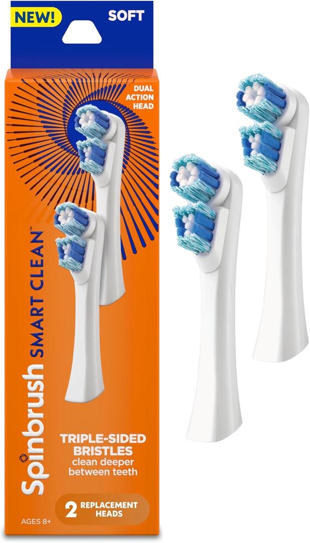 Spinbrush Smart Clean Replacement Heads, Battery Powered Electric Toothbrush Refills for Adults, Soft Bristles, 2 Count (White)