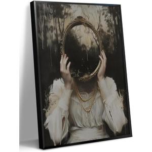 WOKAOGO Black Framed Wall Art Mirror Witch Wall Decor Dark Academia Canvas Art Gothic Pictures Vintage Paintings Victorian Prints Moody Artwork for Bedroom Bathroom
