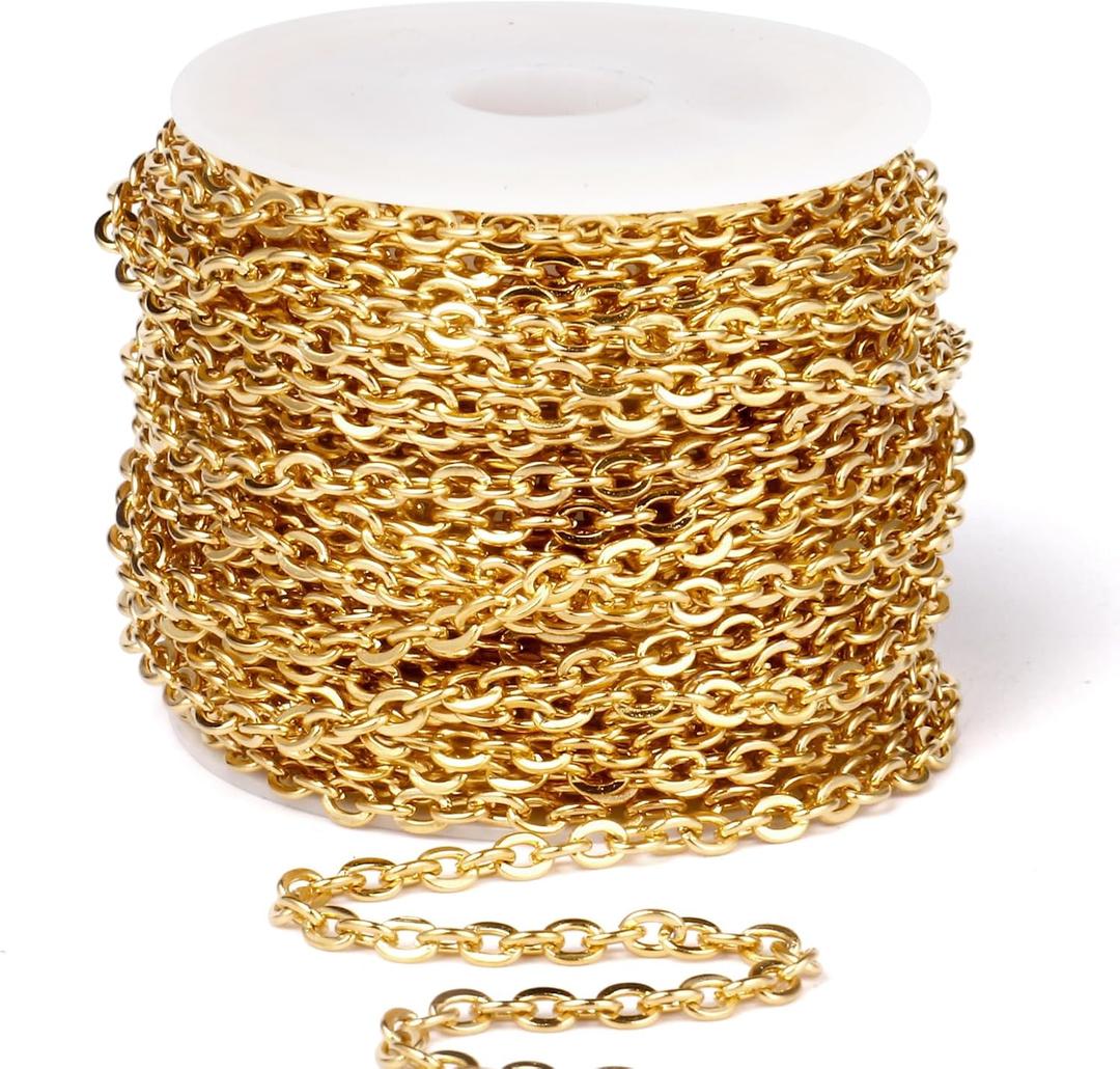 33 Feet 18K Gold PVD Plated Stainless Steel Cable Chain Bulk, 3.5mm 304 Stainless Steel Flat Cable Link Chains Roll Spool for Jewelry Making Necklace DIY Craft