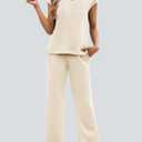Casly Lamiit Two Piece Sets for Women Summer Travel Outfits V Neck Cap Sleeve Top Wide Leg Pant Set Casual Lounge Clothes (L)