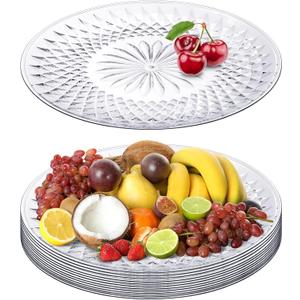 Fumete 10 Pcs Round Plastic Serving Platters 14 Inch Clear Plastic Tray Acrylic Crystal Flan Plates for Engagement Party Food Cake Cookie Fruits Birthday Wedding Supplies
