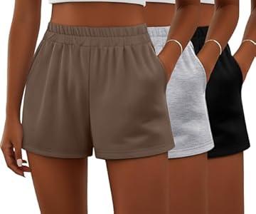 Ficerd 3 Pack Women's Sweat Shorts, Elastic High Waist Shorts Casual Summer Lounge Cotton Comfy Athletic Shorts with Pockets(Black, Light Gray, Brown, Large)