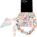 for Samsung Galaxy Z Flip 7 Case, Flat Embossed Watercolor Floral Full Wrap Flip 7 Phone Case, Fold Phone Cover with Bracelet (With Chain,B)