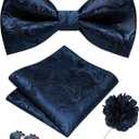 RBOCOTT Paisley Bow Tie and Pocket Sqaure Set with Lapel Pin and Cufflinks for Men (Navy Blue)