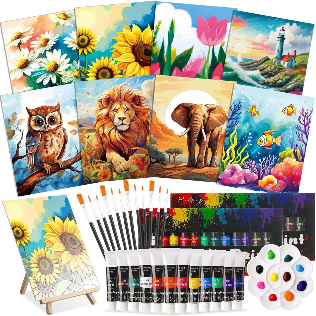 Cholemy 36 Pcs Paint and Sip Kit for Adults 8''x10'' Pre Drawn Canvas for Painting DIY Afro Acrylic Painting Kit Wood Easel Brushes Date Night Bulk for Easter Party Gifts(Plants Animals)
