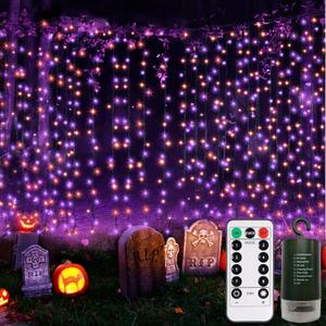 Purple Orange Curtain Lights Battery Operated Halloween 300 LED Hanging Curtain Lights with Remote 8 Modes Timer for Wedding Halloween Party Decr (9.8ft9.8ft)