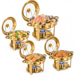 VIKEER 4 Pack Chafing Dishes for Buffet, 5QT Stainless Steel Round Chafing Dishes Buffet Set with Glass Lid and Lid Holder, Food Warmers for Parties, Catering, and Weddings