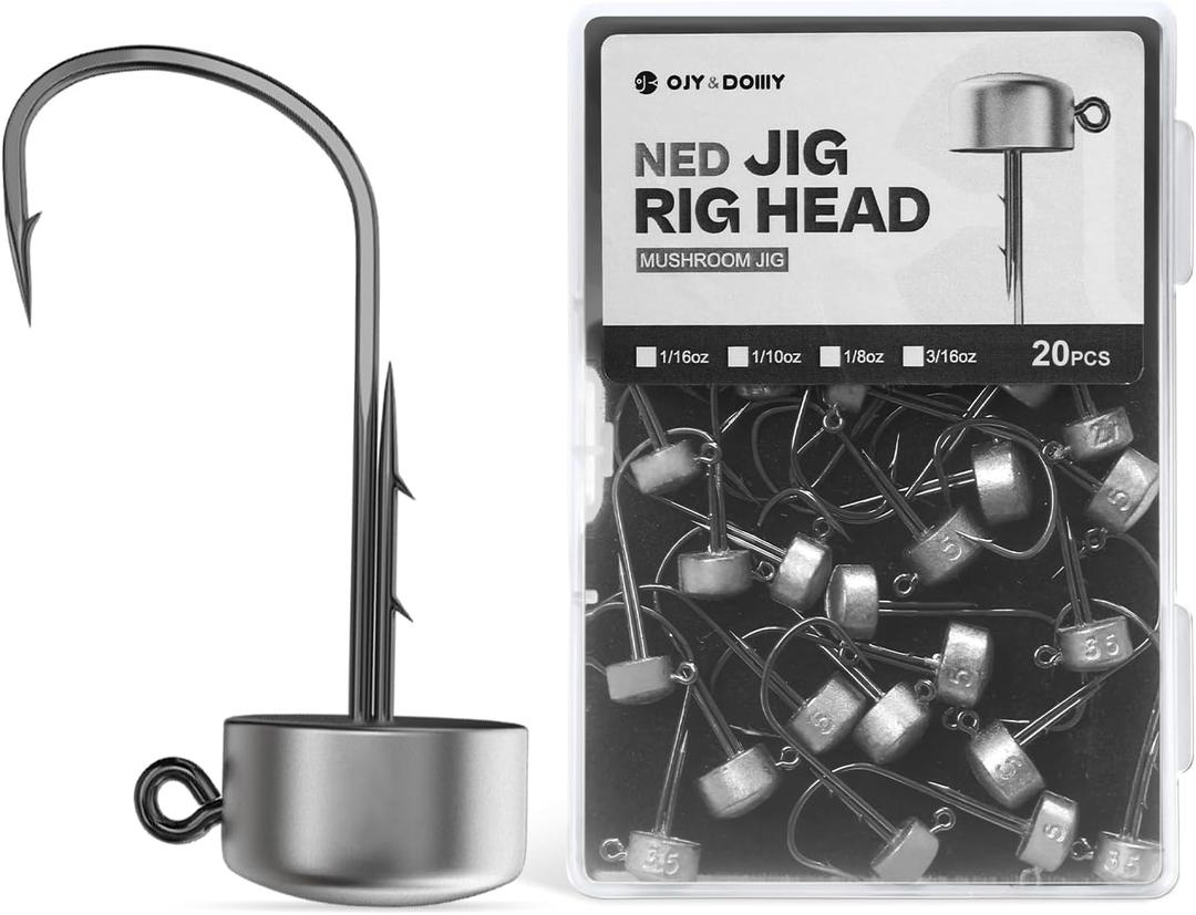 Ned Rig Jig Heads, 20 Pack Finesse Mushroom Jig Hooks Kit for Bass Fishing 1/16 3/32 1/8 3/16oz