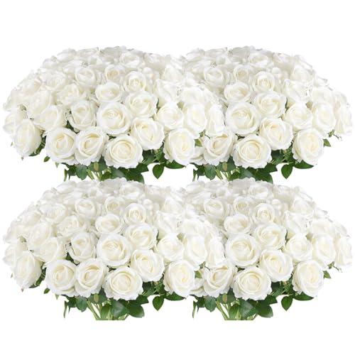 Hananona Artificial Roses in Bulk, Fake Silk White Roses Realistic Roses for Wedding Centerpieces Flower Arrangement Home Decor (50 White)