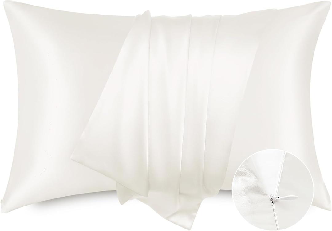 Bedsure Satin Pillowcase with Zipper, Similar to Silk Pillow Cases 2 Pack, Satin Pillow Cases Queen Size Set of 2, Silky & Soft Ivory Pillow Cover for Hair and Skin, Gifts for Women Men, 20x30 Inches