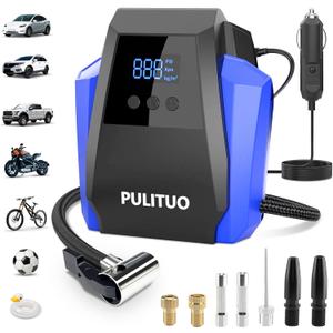 PULITUO Tire Inflator Portable Air Compressor - Car Accessories 12V DC Air Pump for Car Tires with Digital Pressure Gauge, Emergency LED Light for Wheel, Bike, Ball, Motor (Blue)