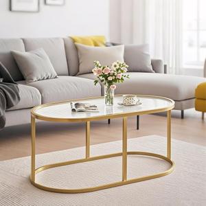 Coffee Table Gold Glass Coffee Table for Living Room, Oval Table Center Table with Ribbed Glass Top and Sturdy Metal Frame,Modern Glass Accent Tables for Bedroom Home Office, 1-Tier