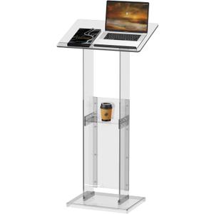 Acrylic Podium Stand with Storage Shelf, 45.5" Modern Clear Lectern with Reading Platform for Classroom, Weddings, Conference, Concert, Professional Presentation Podiums (White)