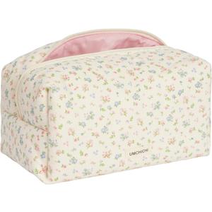 Large Floral Quilted Makeup Bag,Cute Cosmetic Bag for Women and Girls,Travel Coqutee Aesthetic Organized Bag