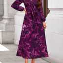 ZESICA Women's Floral Long Sleeve Midi Dresses 2026 Fall Boho V Neck Belted High Wasit Flowy Wedding Cocktail Party Dress (Purple, M)