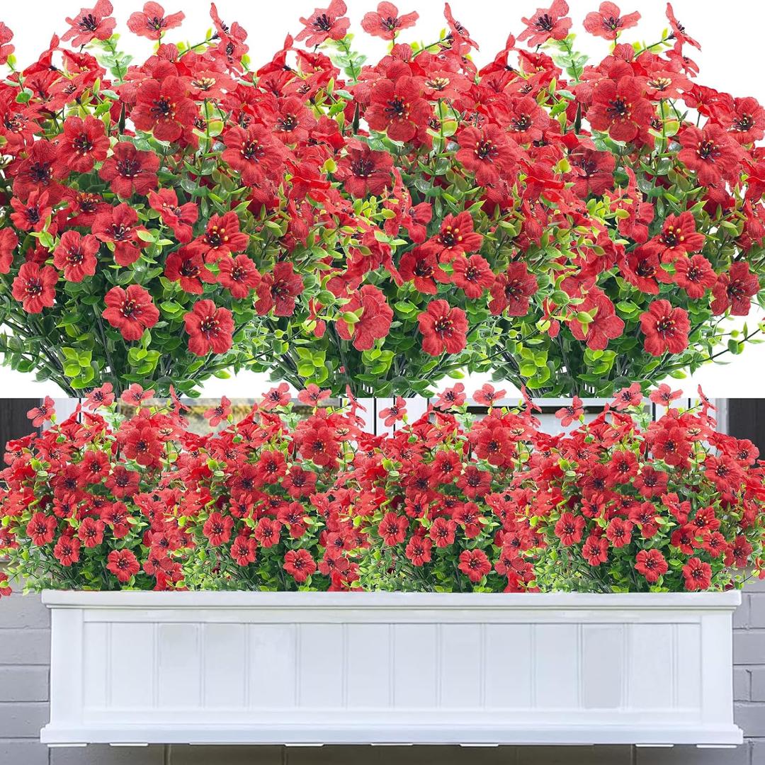 8 Bundles Artificial Flowers for Outdoors,UV Resistant Fake Flowers,Outdoor Plastic Faux Flowers Plants for Indoor Outside Home Decor(Red)